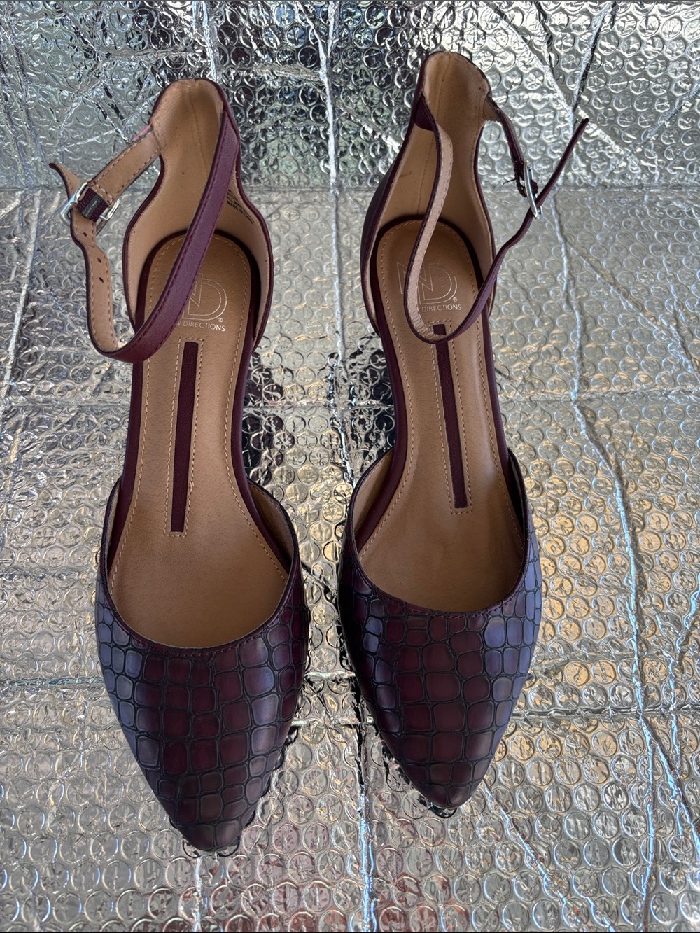 new directions Croc-Embossed Pointed Ankle-Strap Flats in Dark Burgundy